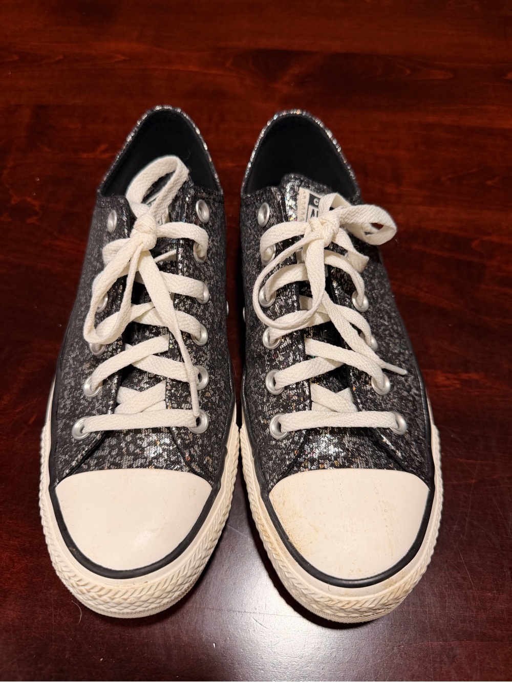 Womens Black Sequin Low-Top Sneakers with White Laces